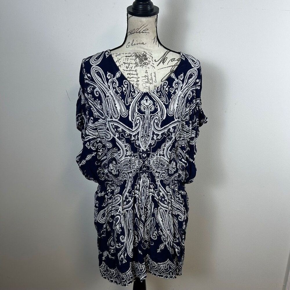 St. John's Bay Dress Womens 3X Blue White Paisley Smocked Waist Rayon Casual
